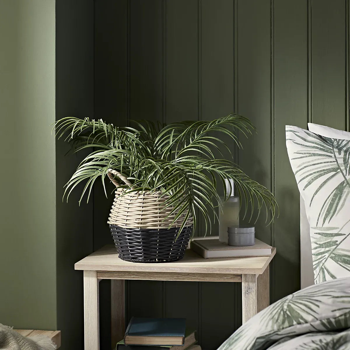 Candlelight Green 20cm Palm Artificial plant in Natural Wicker Basket